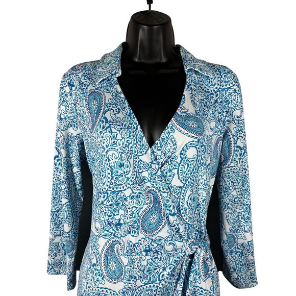 Talbots Paisley Print Wrap Shift Dress 3/4 Sleeve Midi Skirt Blue White - M - Picture 3 of 9